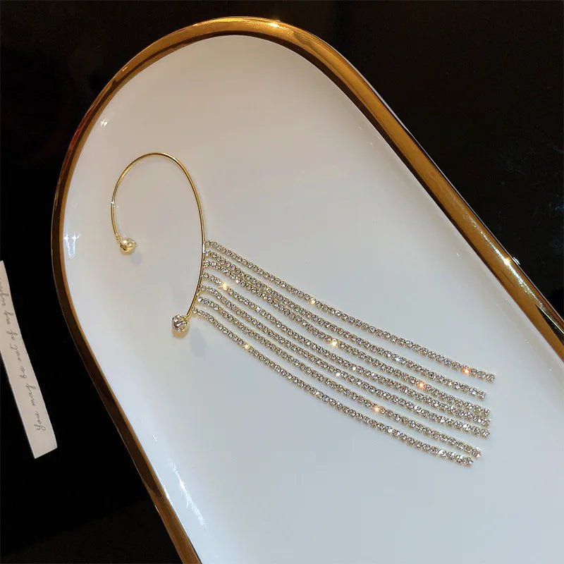 Luxury Earrings for Women 2022 Shiny Crystal Rhinestone Long Tassel Ear Cuff Clip Earrings Party Wedding Jewelry No Pierced - Gofionafashion