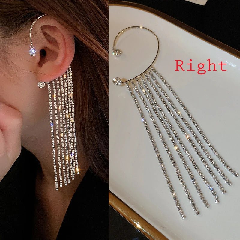 Luxury Earrings for Women 2022 Shiny Crystal Rhinestone Long Tassel Ear Cuff Clip Earrings Party Wedding Jewelry No Pierced - Gofionafashion