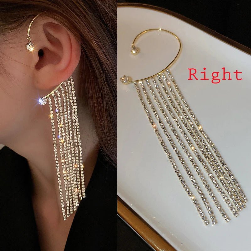 Luxury Earrings for Women 2022 Shiny Crystal Rhinestone Long Tassel Ear Cuff Clip Earrings Party Wedding Jewelry No Pierced - Gofionafashion