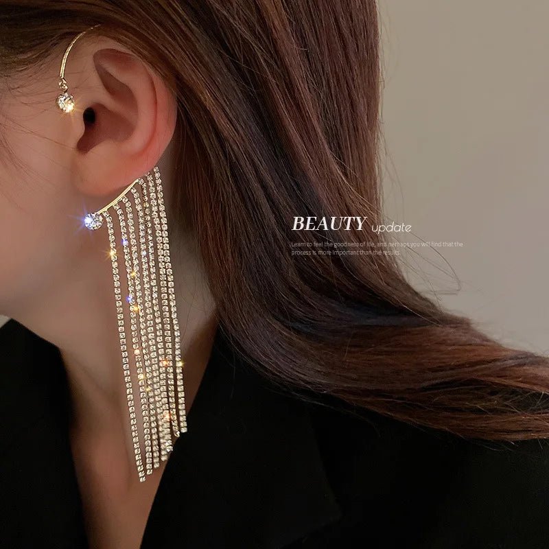 Luxury Earrings for Women 2022 Shiny Crystal Rhinestone Long Tassel Ear Cuff Clip Earrings Party Wedding Jewelry No Pierced - Gofionafashion