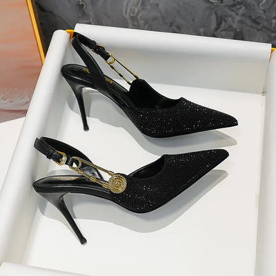 New Summer Women's High Shoes with Rhinestones, Shallow Mouth, Pointed Toe, Stiletto Heel, Straps, Empty Toe Cap Sandals - Gofionafashion