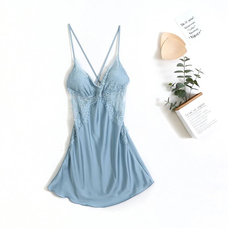 Perspective Lace Nightdress Ice Silk Sleeveless Night Dress - Gofionafashion