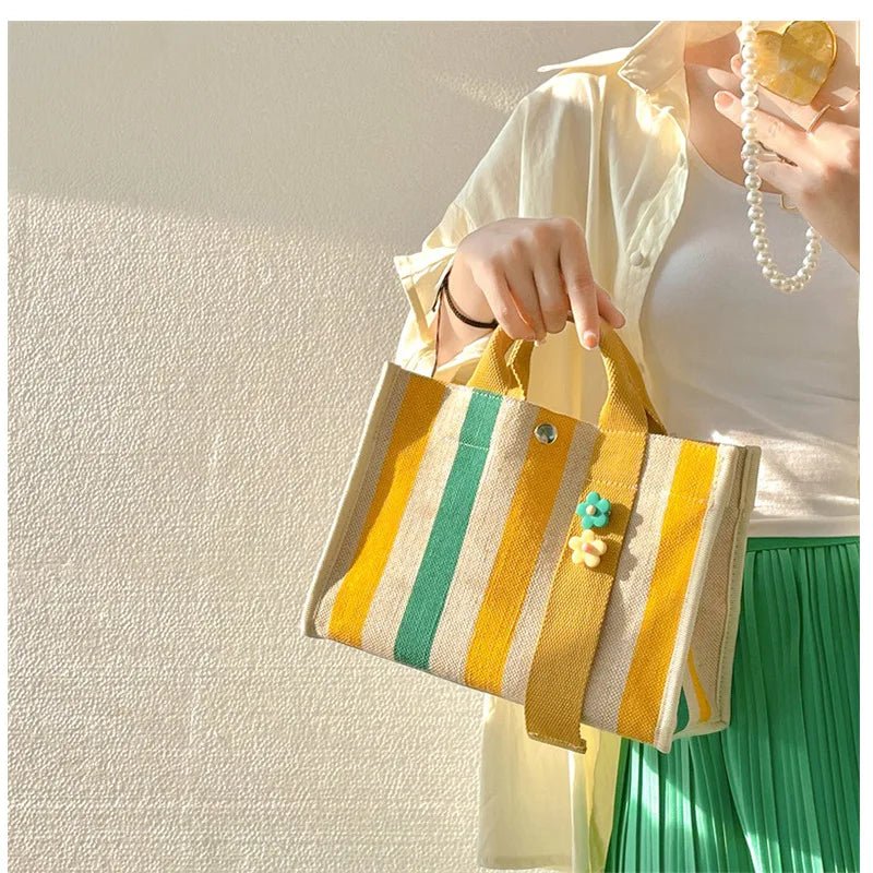 Rainbow Stripe Cotton Linen Canvas Bag Women Waterproof New Single Shoulder Crossbody Tote Large Bag Portable Commuting - Gofionafashion