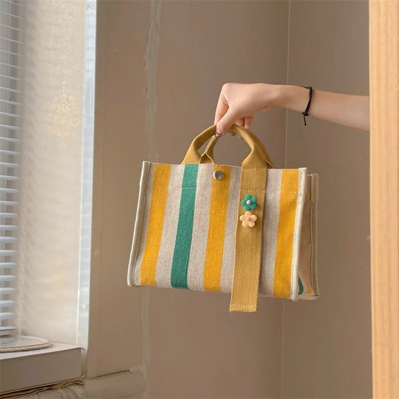 Rainbow Stripe Cotton Linen Canvas Bag Women Waterproof New Single Shoulder Crossbody Tote Large Bag Portable Commuting - Gofionafashion