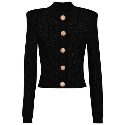 SML High Quality Fashion Elastic Knitted Fabric Labyrinth Hollow Round Neck Single breasted Long Sleeve Slim Fit Women Cardigan - Gofionafashion