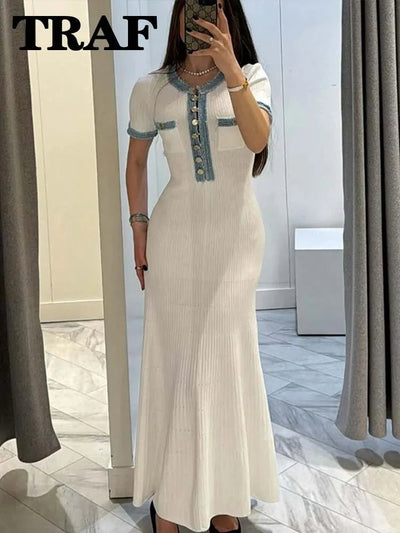 TRAF Elegant Metal Single Breasted Knitted Long Dresses For Women Denim Short Sleeve Dress 2024 Fashion Female High Street Robes - Gofionafashion