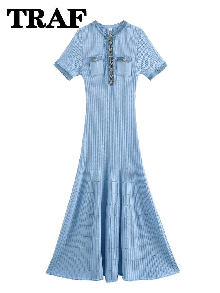 TRAF Elegant Metal Single Breasted Knitted Long Dresses For Women Denim Short Sleeve Dress 2024 Fashion Female High Street Robes - Gofionafashion