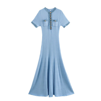 TRAF Elegant Metal Single Breasted Knitted Long Dresses For Women Denim Short Sleeve Dress 2024 Fashion Female High Street Robes - Gofionafashion