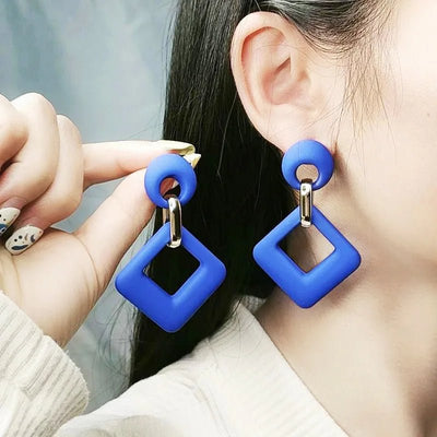 Trendy Korean Blue White Pink Dangle Earrings for Women Girl Geometric Hollow Square Acrylic Statement Earrings Fashion Jewelry - Gofionafashion