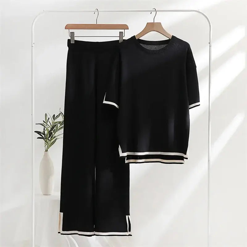 Two Piece Set Elegant Pants Sets Ice Knitted Summer Outfits For Women 2023 Short Sleeve Pajama Suit - Gofionafashion