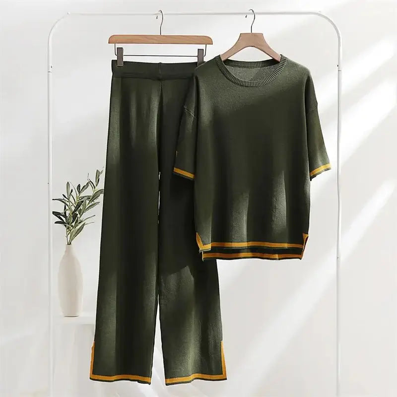 Two Piece Set Elegant Pants Sets Ice Knitted Summer Outfits For Women 2023 Short Sleeve Pajama Suit - Gofionafashion