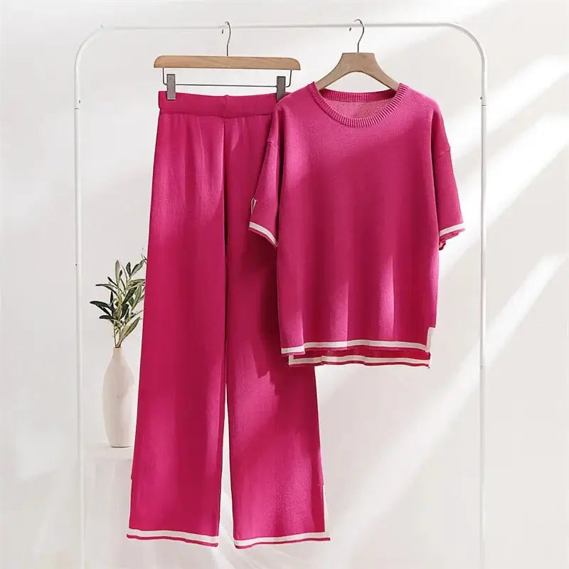 Two Piece Set Elegant Pants Sets Ice Knitted Summer Outfits For Women 2023 Short Sleeve Pajama Suit - Gofionafashion