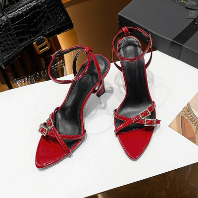 Women's High - heeled Sandal, Pointed Toe Rhinestone Buckle - Gofionafashion