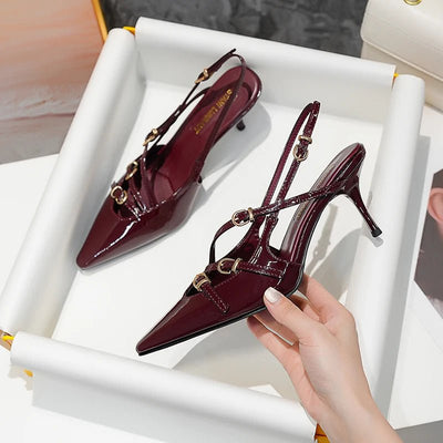 Women's High Heels, Toe - cap Patent Leather Buckle Straps, Cat Heel Sandals, Sexy Backless High Heels - Gofionafashion