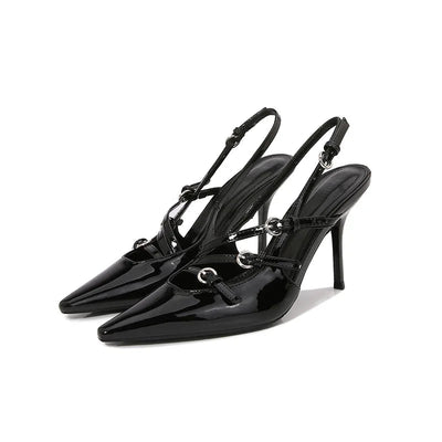 Women's High Heels, Toe - cap Patent Leather Buckle Straps, Cat Heel Sandals, Sexy Backless High Heels - Gofionafashion