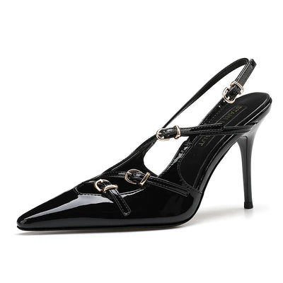 Women's High Heels, Toe - cap Patent Leather Buckle Straps, Cat Heel Sandals, Sexy Backless High Heels - Gofionafashion