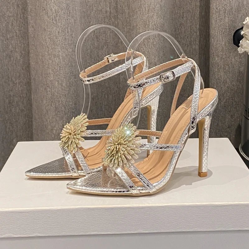 Women's Sandals, Colorful Rhinestone Flowers, Open Toe, Sexy Pointed Toe Catwalk Sandals - Gofionafashion