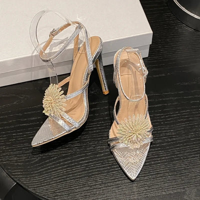 Women's Sandals, Colorful Rhinestone Flowers, Open Toe, Sexy Pointed Toe Catwalk Sandals - Gofionafashion